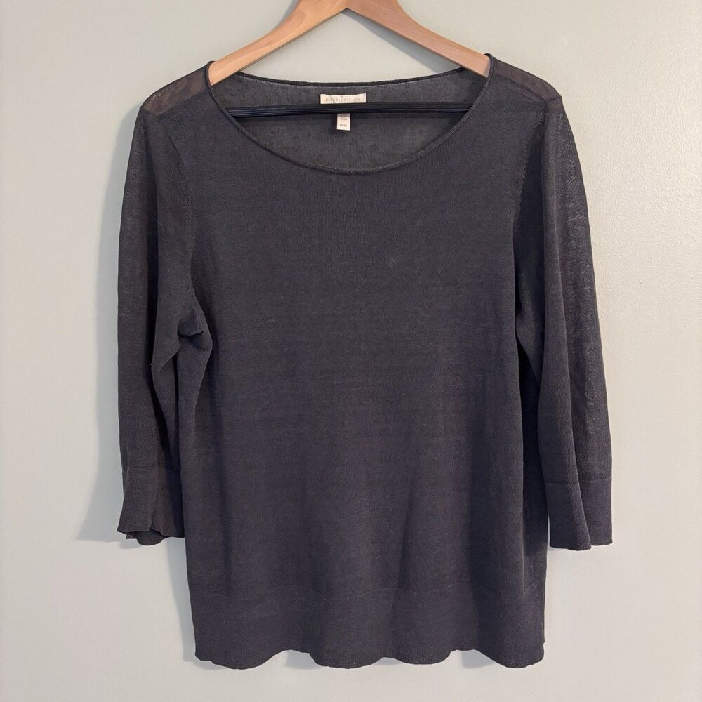 Eileen Fisher Organic Linen Blend Top Sz M Rolled Neck Minimalist Quiet Luxury